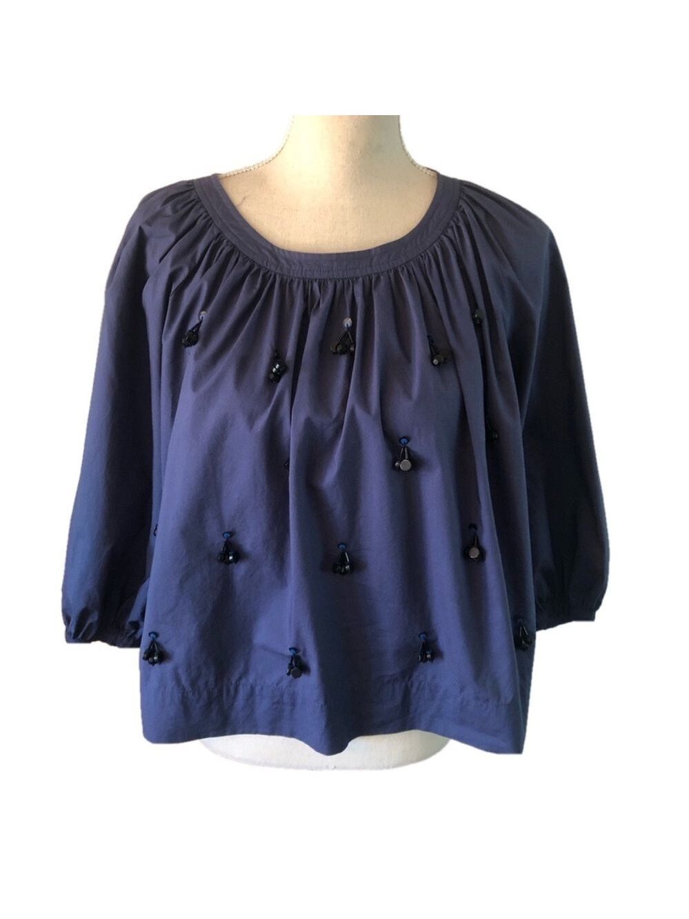 J. Crew Perfect Embellished Top blue 3/4 sleeve beaded puffed sleeves size S - Picture 9 of 16